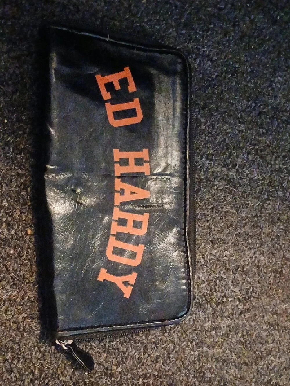 Ed Hardy Black Zip Wallet with Skull & Orange Heart Graphic